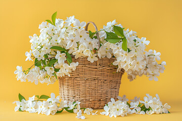 Sunlit White Blooms in Wicker Basket: A Touch of Spring on a Sunny Day