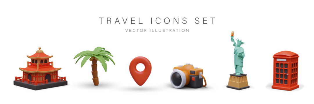 Pagoda, palm tree, geo pin, camera, Statue of Liberty, red phone booth