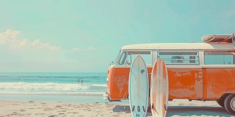 Vintage orange van with surfboards, on the beach, sea background