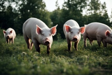 'farm meadow pigs organic meat eating domestic mammal pig pink production ranch swine walking adult animal bacon cattle clean clever deli demand dirt environment ethical evening farmland female field' - obrazy, fototapety, plakaty