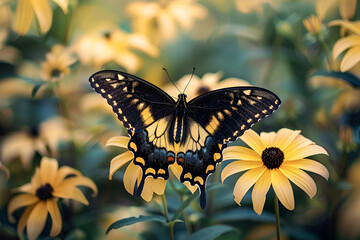 A vibrant butterfly perches on yellow blooms, symbolizing nature’s delicate balance