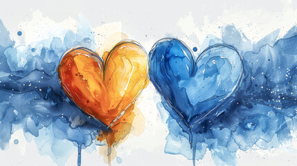 Blue and yellow heart drawn in watercolor on a white background. - 791778206