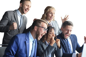 Happy business people laugh near laptop on a transparent background. Successful team coworkers joke...