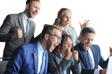 Happy business people laugh near laptop on a transparent background. Successful team coworkers joke and have fun together at work.