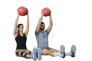 Fit and muscular couple exercising with medicine ball on a transparent background