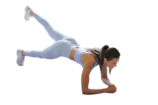 Beautiful fitness woman doing a plank exercise on a transparent background. Healthy lifestyle. 