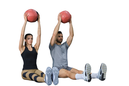 Fit and muscular couple exercising with medicine ball on a transparent background