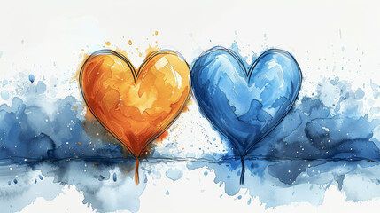 Blue and yellow heart drawn in watercolor on a white background. - 791778411
