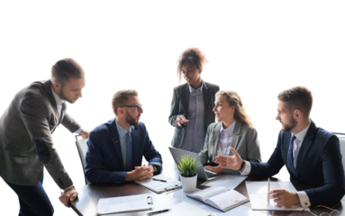 Group of young modern people in formalwear smiling and discussing something while working on a transparent background