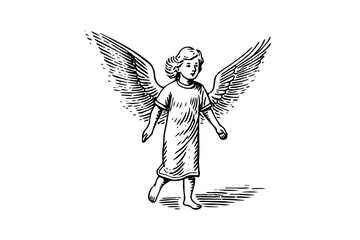 Vintage Angelic Cherub: Engraved Sketch Illustration of a Cherubic Figure, Symbolizing Innocence and Divine Love.