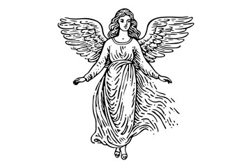 Vintage Angel Vector Illustration: Antique Sketch of a Flying Statue. Etching woman. - obrazy, fototapety, plakaty