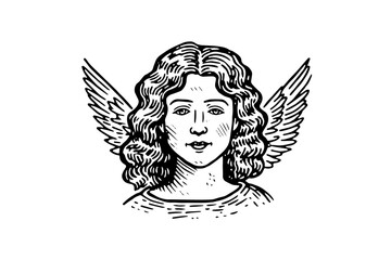 Vintage Angel Vector Illustration: Antique Sketch of a Flying Statue. Etching woman. - obrazy, fototapety, plakaty