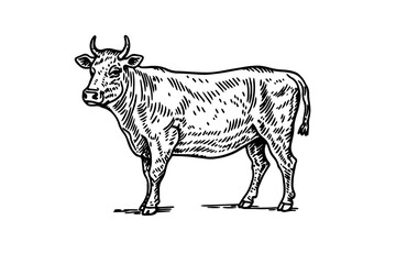 Vintage Cow Vector Illustration: Engraved Sketch of Beef Farming Ink Logotype.