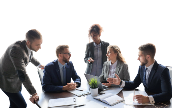 Group of young modern people in formalwear smiling and discussing something while working on a transparent background