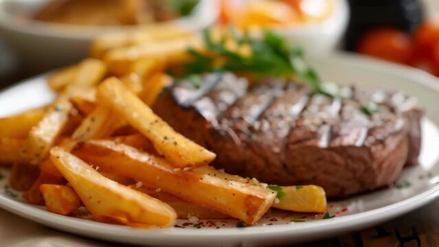 Closeup of a plate of steak frites with a perfectly cooked and juicy steak served with a side of crispy and golden french fries. This quintessential dish typifies the simple yet flavorful .