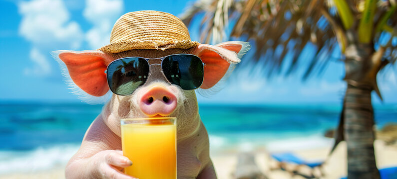 A pig in a straw hat and sunglasses on the ocean shore with a cocktail on a sunny summer day.