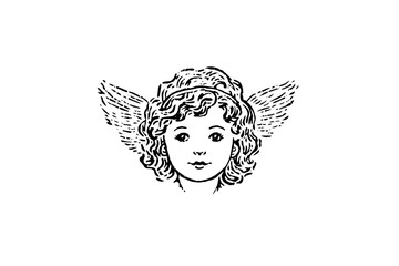 Vintage Angelic Cherub: Engraved Sketch Illustration of a Cherubic Figure, Symbolizing Innocence and Divine Love.