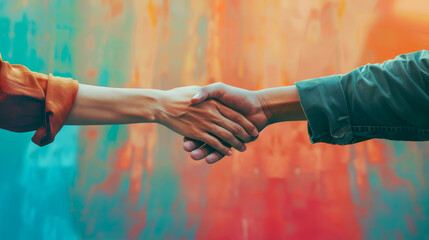Two people shaking hands in front of a colorful wall
