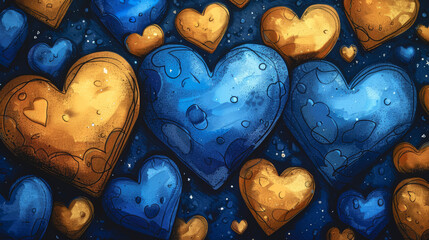 Background of blue and yellow hearts painted with paint.