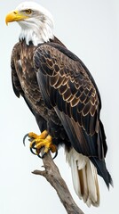 Obraz premium Close-up of a bald eagle perched on a branch against a white background exhibiting its keen eyesight and predatory instincts