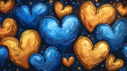 Background of blue and yellow hearts painted with paint. - 791779025
