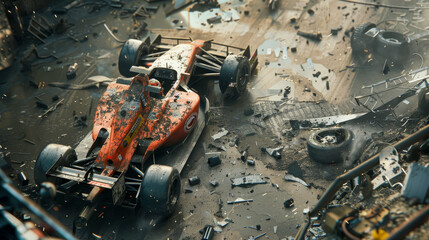 A wrecked race car is shown in a destroyed city