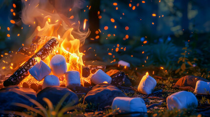A fire is burning and marshmallows are on top of it