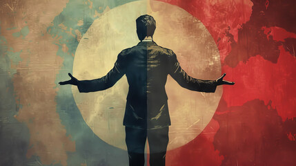 A man in a suit is standing in front of a red and yellow background