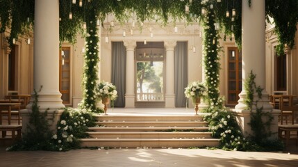 A digital wedding backdrop with a long aisle decorated with flowers and greenery