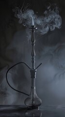 Elegant black hookah with swirling smoke against a dark background