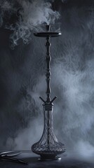 Elegant hookah with swirling smoke on a dark backdrop - obrazy, fototapety, plakaty