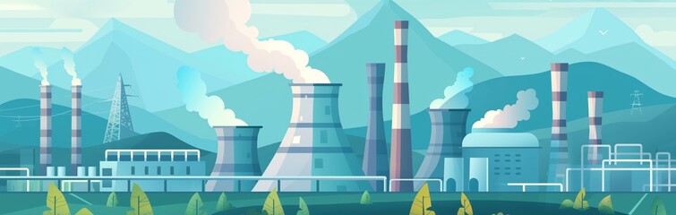 A stylized illustration showcasing an industrial landscape with factories and smoke emissions under a mountain range backdrop - obrazy, fototapety, plakaty