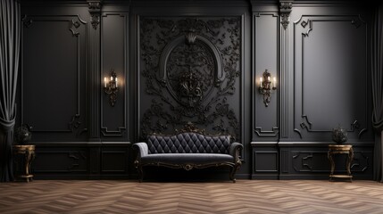 Digital backdrop for photography of a dark and opulent room with a black velvet sofa, two sconces, and a decorative wall panel.