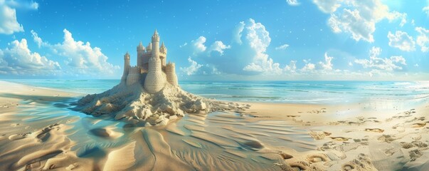 Elaborate sandcastle on a serene beach with footprints and cloudy blue sky