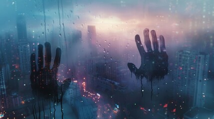Handprint on a rainy window overlooking a city at dusk