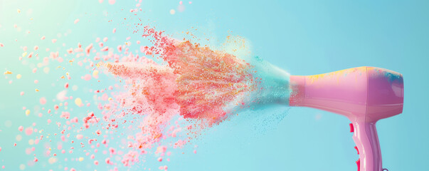 Pink hairdryer blowing colorful powder on blue background