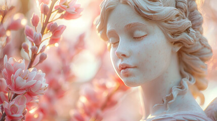 Statue of a young woman among pink cherry blossoms