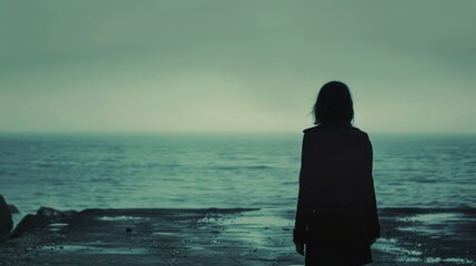 Woman standing alone on a moody ocean shore - obrazy, fototapety, plakaty