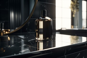  Luxury perfume bottle on glossy black surface with soft reflections; ideal for high-end product advertising or editorial use.