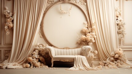 An ornate, vintage-style room with a large round mirror, sofa, and floral decorations. The color scheme is cream and beige.