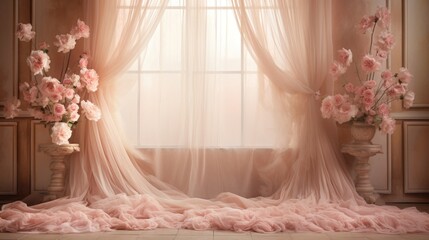 Digital backdrop for photography featuring Pink roses and sheer pink curtains in front of a large window.