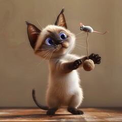 Mischievous Siamese Cat Playfully Battles a Toy Mouse in a D Illustrated Scene - obrazy, fototapety, plakaty