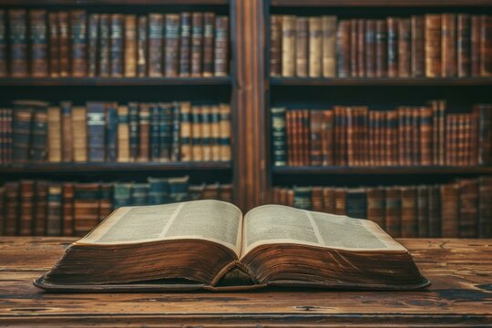  Open vintage book on a rustic wood table, with a blurred library books background. Ideal for educational, historical, or literary designs and promotions. Warm tones enhance nostalgia and elegance.