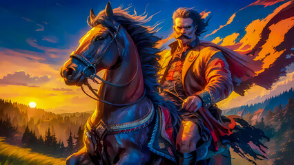 Cossack, riding horse with great pride and fearlessness at sunset, against a sweeping landscape of rolling hills, lush forests, and a vibrant sunset sky, evoking essence of Ukrainian folklore. - obrazy, fototapety, plakaty