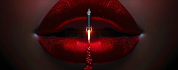 Red lipstick on lips forming a rocket launch
