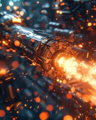 A detailed depiction of a sci-fi hyperdrive engine igniting with a burst of particles and intense energy.