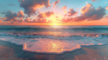 Sunrise over the ocean with colorful clouds and gentle waves - obrazy, fototapety, plakaty