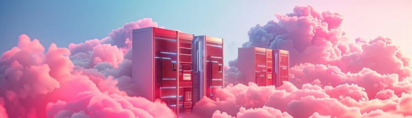 pink cloudscape with floating servers - obrazy, fototapety, plakaty