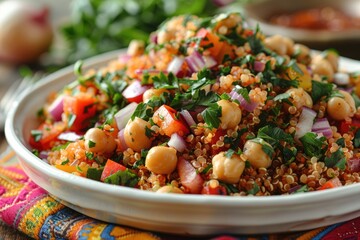 A colorful quinoa salad with chopped vegetables, chickpeas, and a light vinaigrette dressing