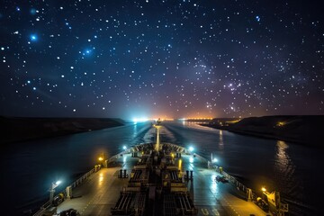 A cargo ship navigates the narrow Suez Canal at night
